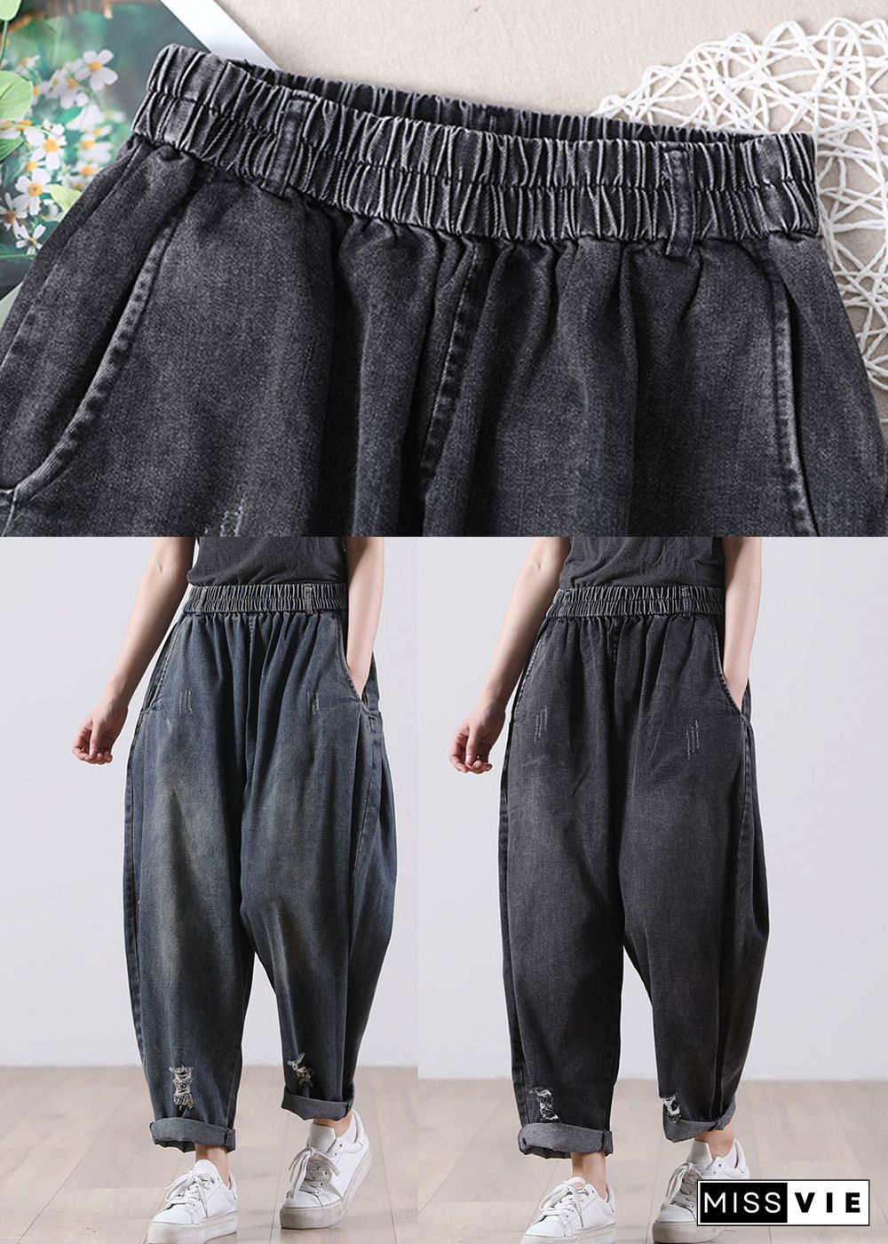 Black Pockets Cotton Denim Harem Pants High Waist Hole Fall