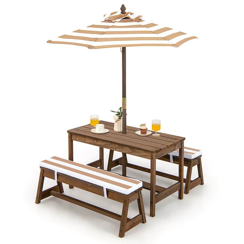 Kids Picnic Table and Bench Set with Cushions and Height Adjustable Umbrella