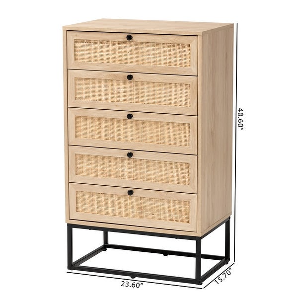 Amelia Mid-Century Modern Transitional Natural Brown Finished Wood and Natural Rattan 5-Drawer Storage Cabinet - - 36620824