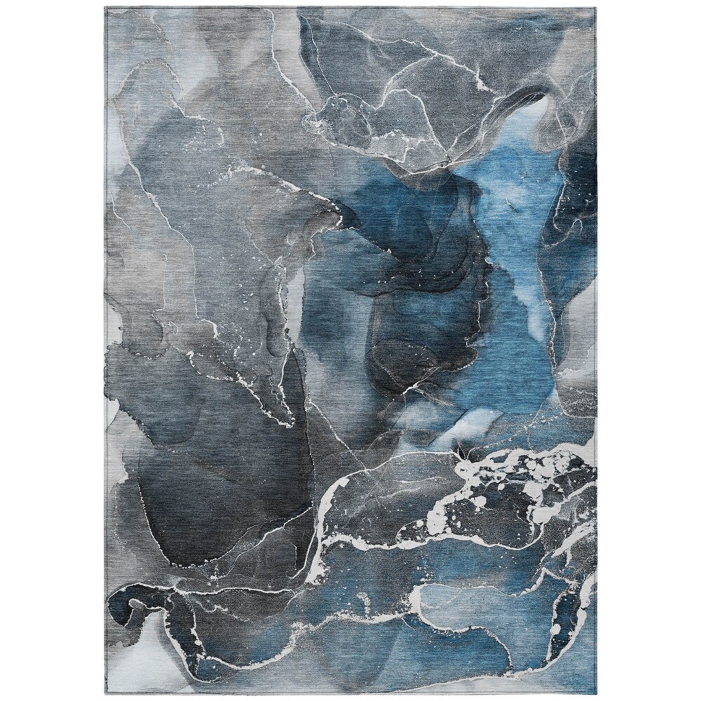 Machine Washable Indoor/ Outdoor Chantille Abstract Blue Rug