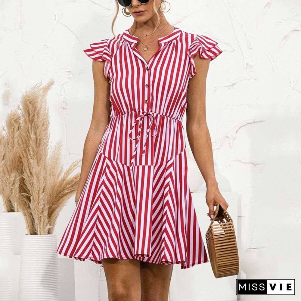 Fashion Striped Button Casual Mini Ruffles Dress Summer A- Sexy V-neck Short Dress For Womens Beach Dress High Street