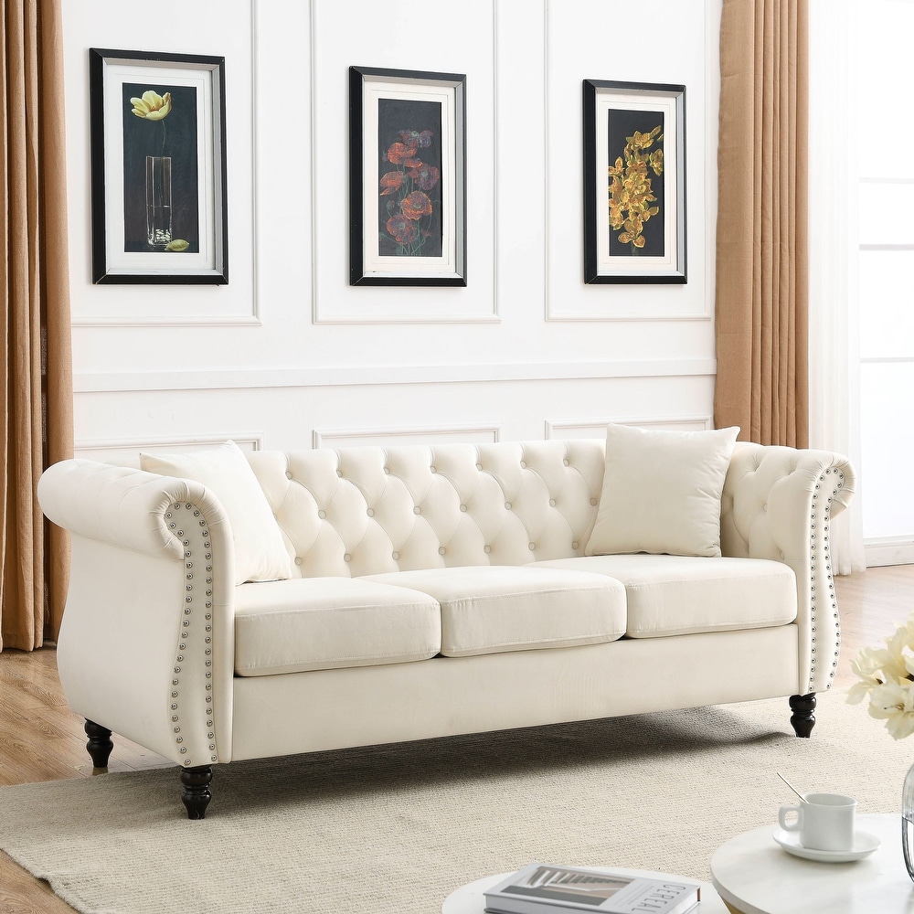 Velvet Chesterfield Sofa Set with Nailhead Trim and Tufted Low Back (Includes Pillows  3 Seater + Loveseat)