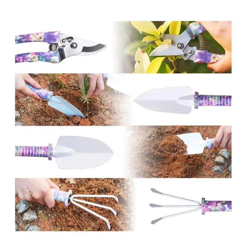 5 pcs Garden Equipment stainless steel Garden Hand Tools Box Set 1Purple Flower Design Garden Tools Set with Box