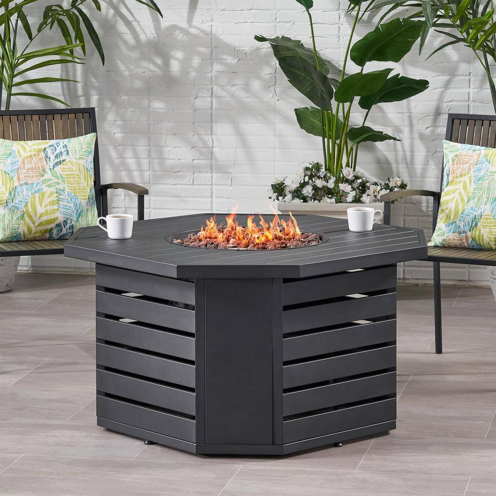 Noble House Rene 45 in. W x 24 in. H Outdoor Iron Gas Burning Matte Black Octagonal Fire Pit 69666