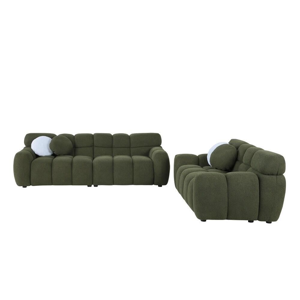 2pc Marshmallow Sofa Sets with Pillows  2+3 Seater Olive Green Boucle Upholstered Deep Seat Straight Row Couch for Living Room