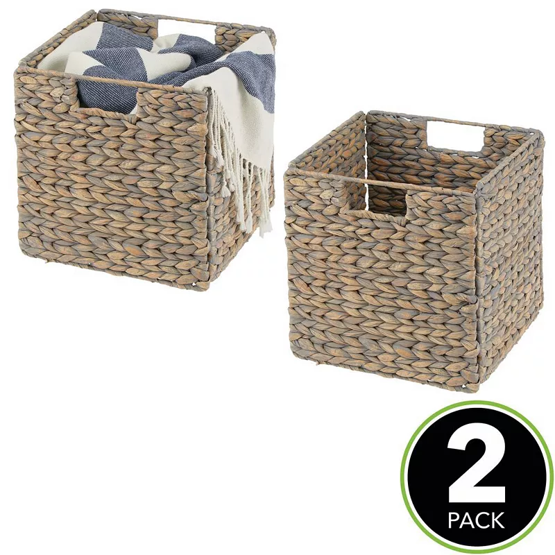 mDesign Hyacinth Woven Cube Bin Basket Organizer， Handles， 2 Pack