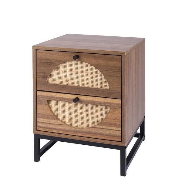 Rattan Nightstand Set of 2 End Table with 2 Drawers and Metal Legs