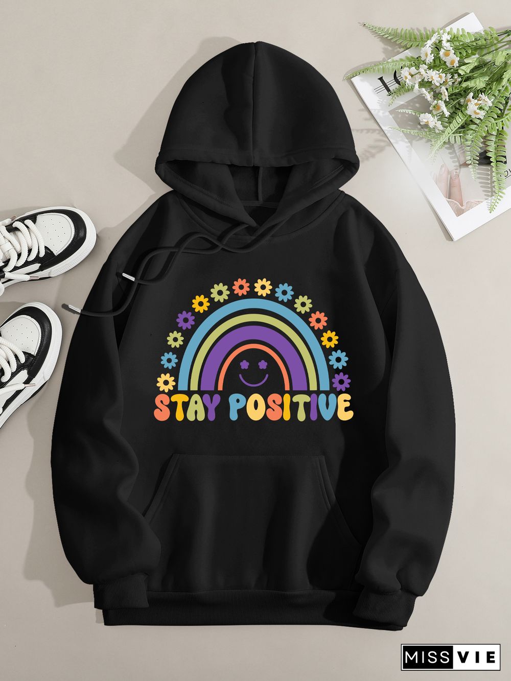 Printed on front Kangaroo Pocket Hoodie Long Sleeve for Women Pattern stay positive