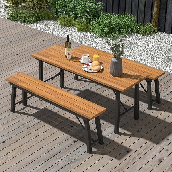 Costway Folding Picnic Table and Bench Set Dining Table with Metal Frame