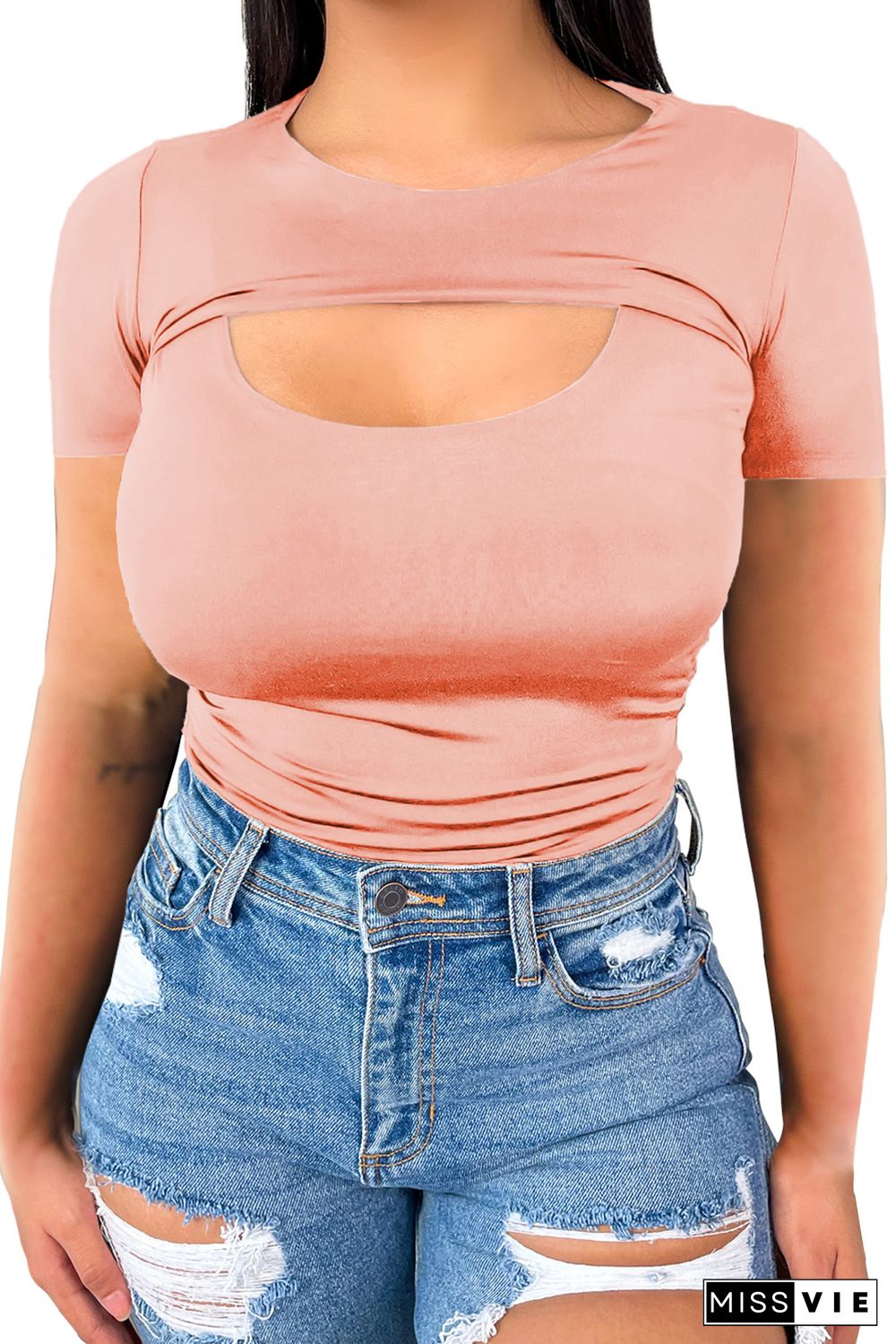 Pink Peekaboo Cutout Front Plus Size T-shirt