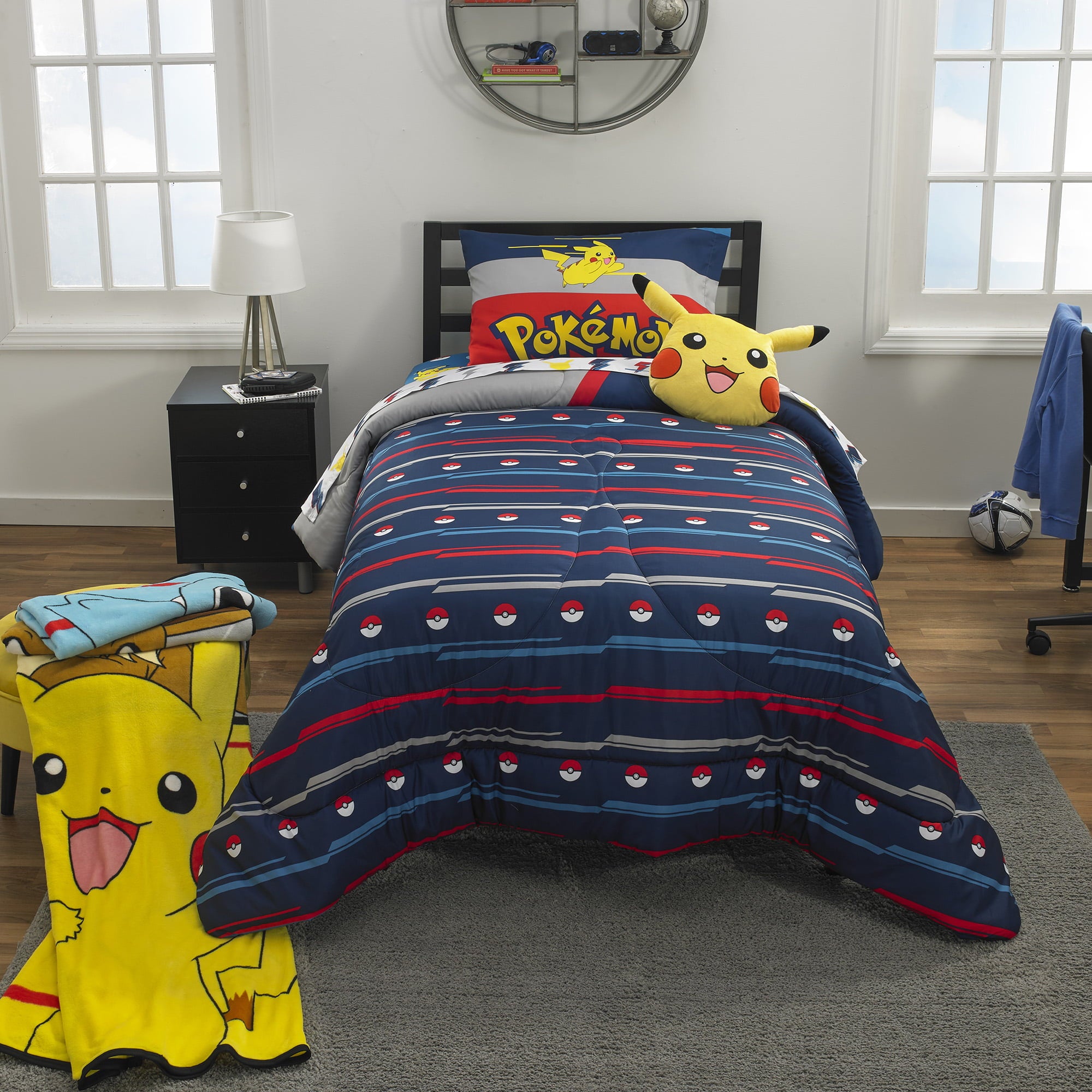 Pokémon Kids Comforter and Sham， 2-Piece Set， Twin/Full， Gaming Bedding， Reversible， Blue and Gray