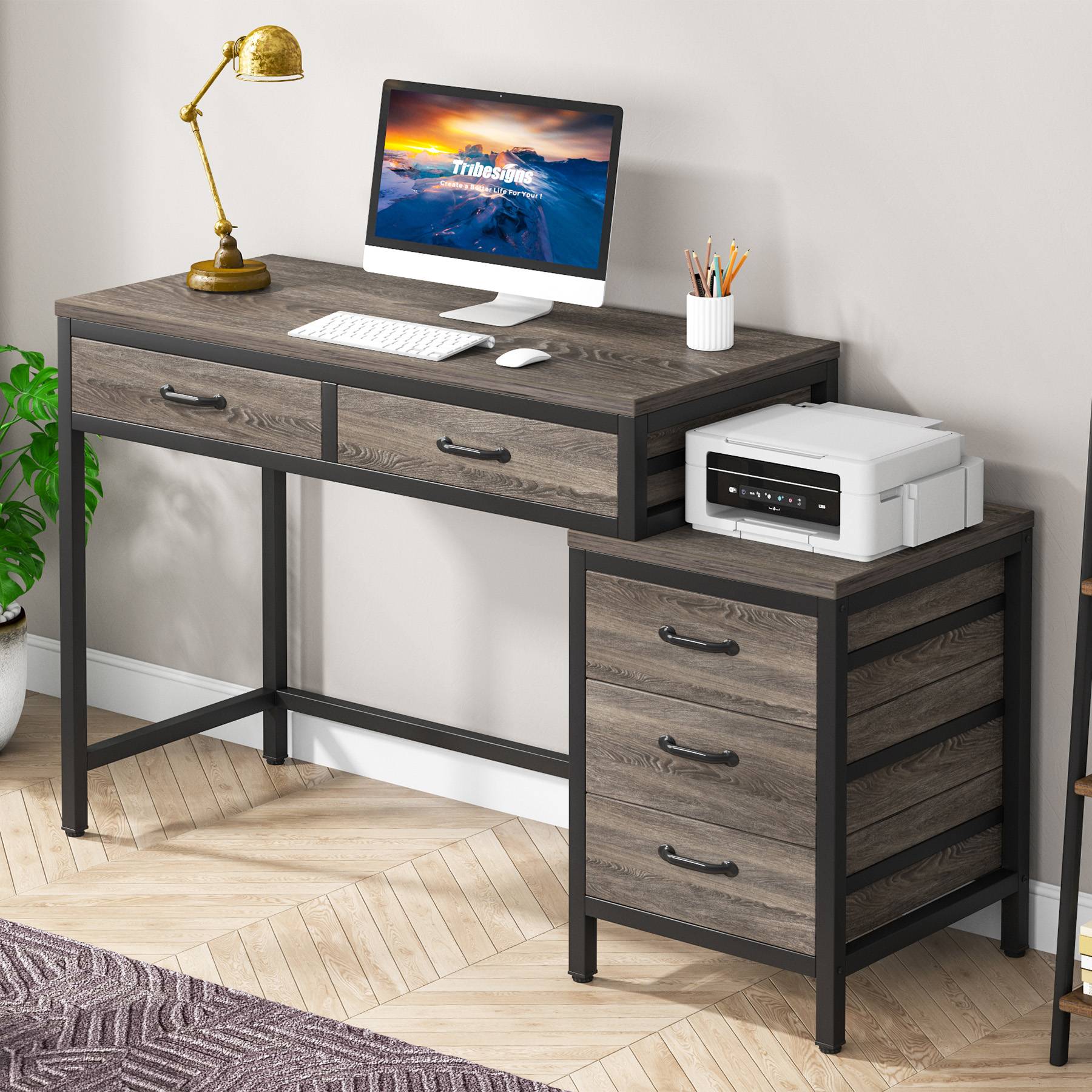 5-Drawer Computer Desk, Study Writing Table with Reversible Drawer Cabinet