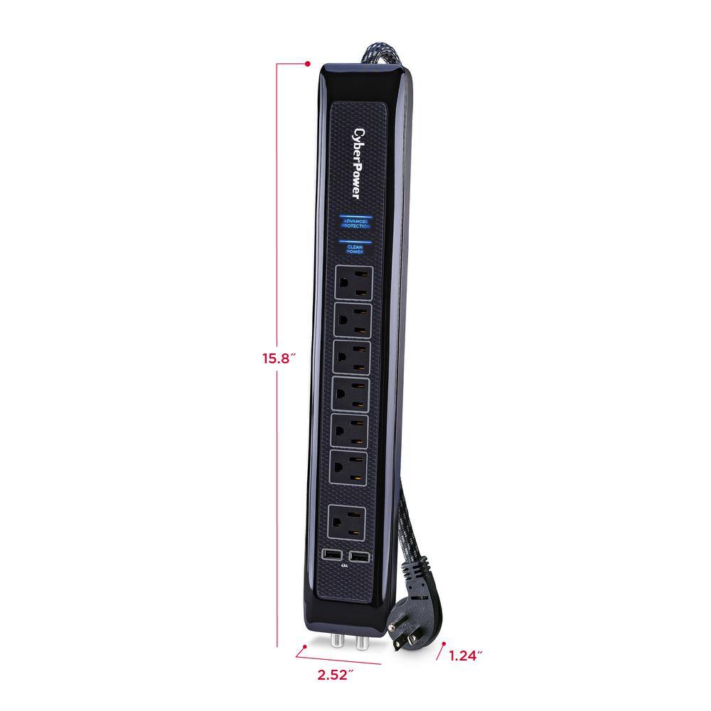 CyberPower 7-Outlet Surge Protector 6 ft. Braided Cord USB Coax Black HT706UC