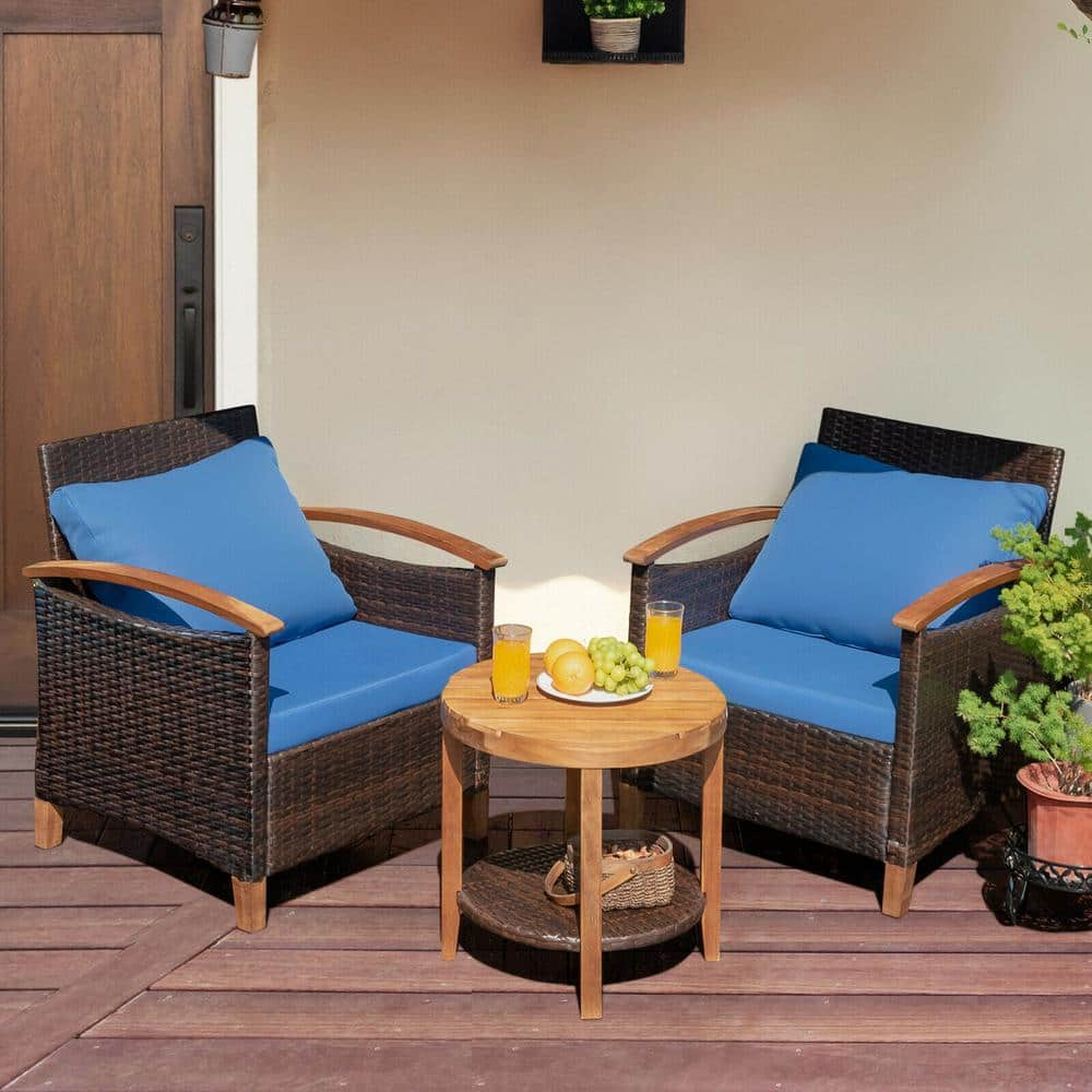 Gymax 3-Pieces Patio Wicker Rattan Conversation Set Outdoor Furniture Set with Blue Cushion GYM05057