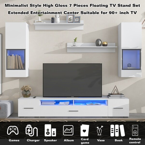 7-Piece Extended Minimalist Floating TV Stand Set High Gloss RGB LED Wall Mounted Entertainment Center for 90+ inch TV