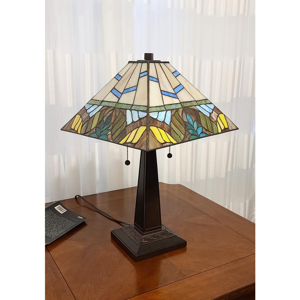 23" White and Aqua Stained Glass Two Light Mission Style Table Lamp