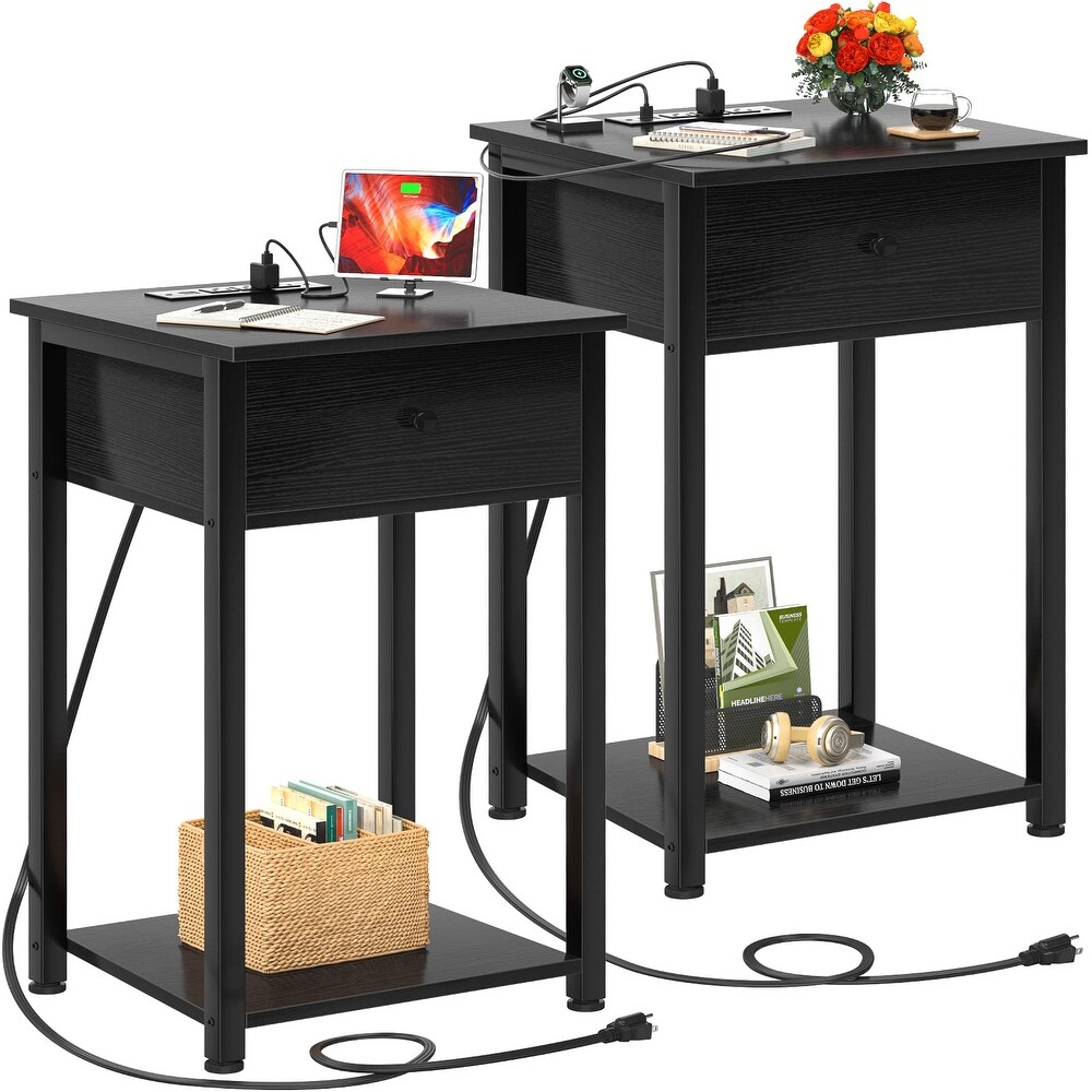 Nightstand Set of 2 with Charging Station  Black End Table Side Table with USB Ports  Wood Night Stand