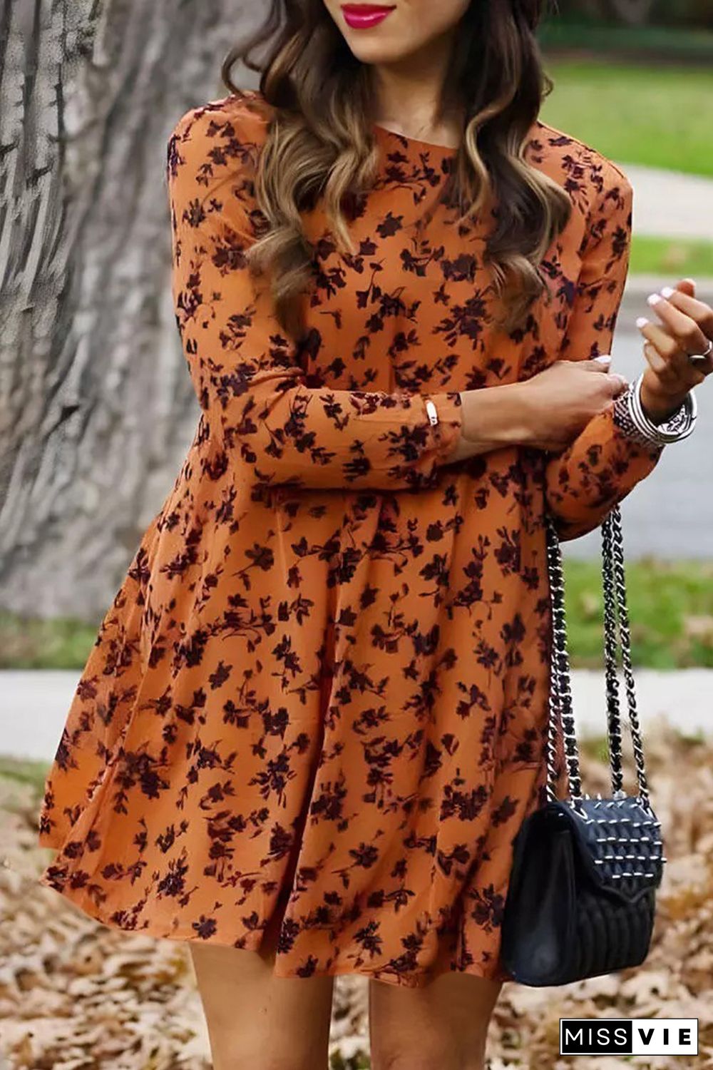 Orange Floral Print O-neck Long Sleeve Mini Dress