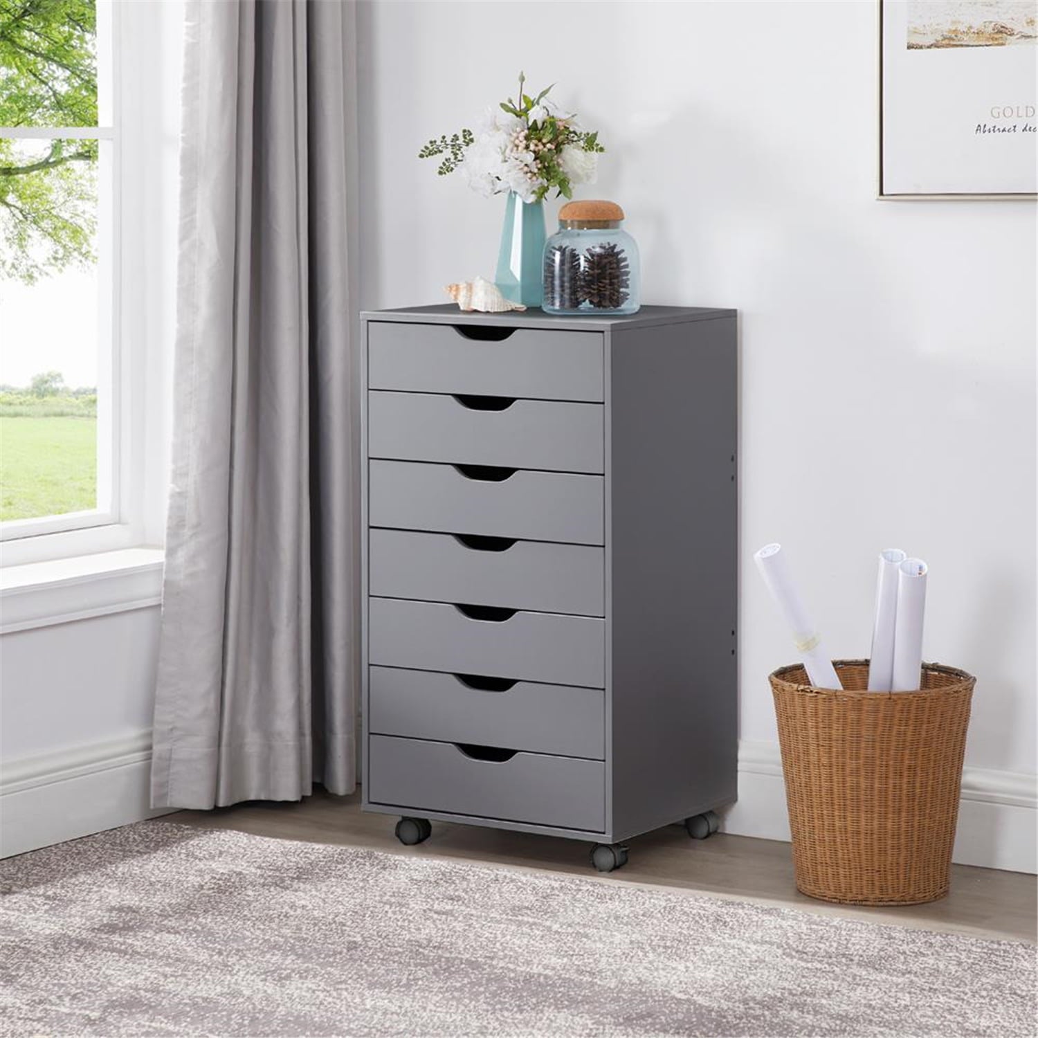 Naomi Home 7 Drawer Dresser for Bedroom, Stylish Tall Dressers with Wheels, Storage Shelves, Small Dresser for Closet, Makeup Dresser with 180 lbs Capacity - Gray