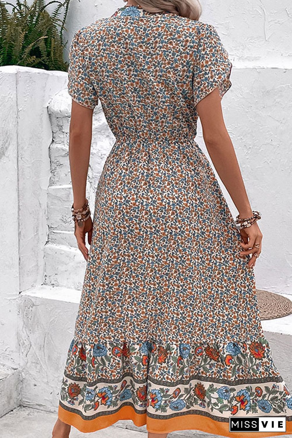 Khaki Floral Print Splicing Maxi Dress