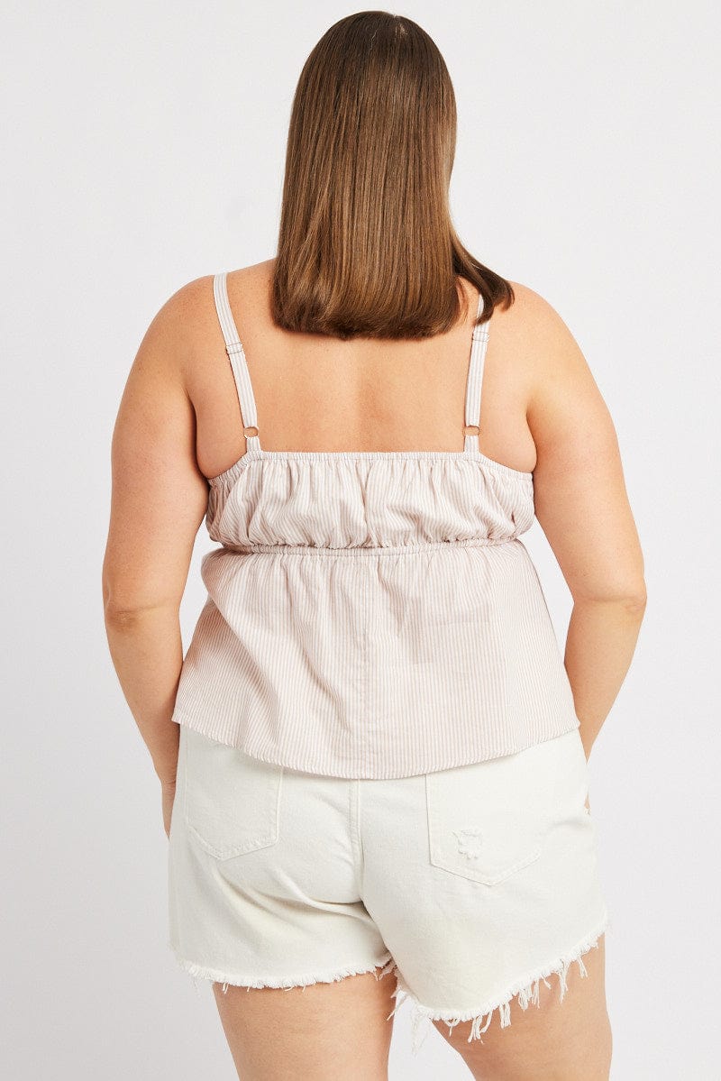 Beige Stripe Cami Top Sleeveless Gathered