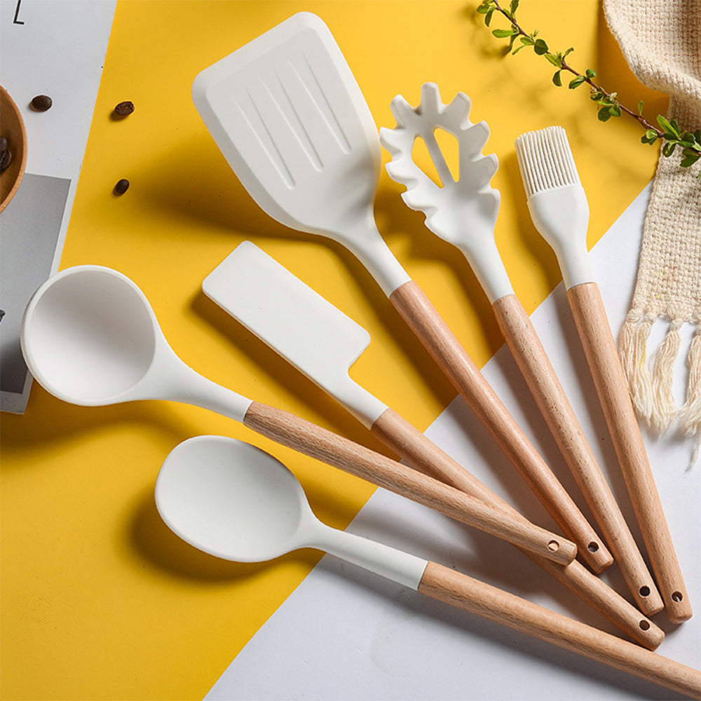 Suzicca Silicone Cooking Utensil Set Non-stick Kitchen Utensils Set 10 PCS Heat Resistant Kitchen Tools with Wooden Handle