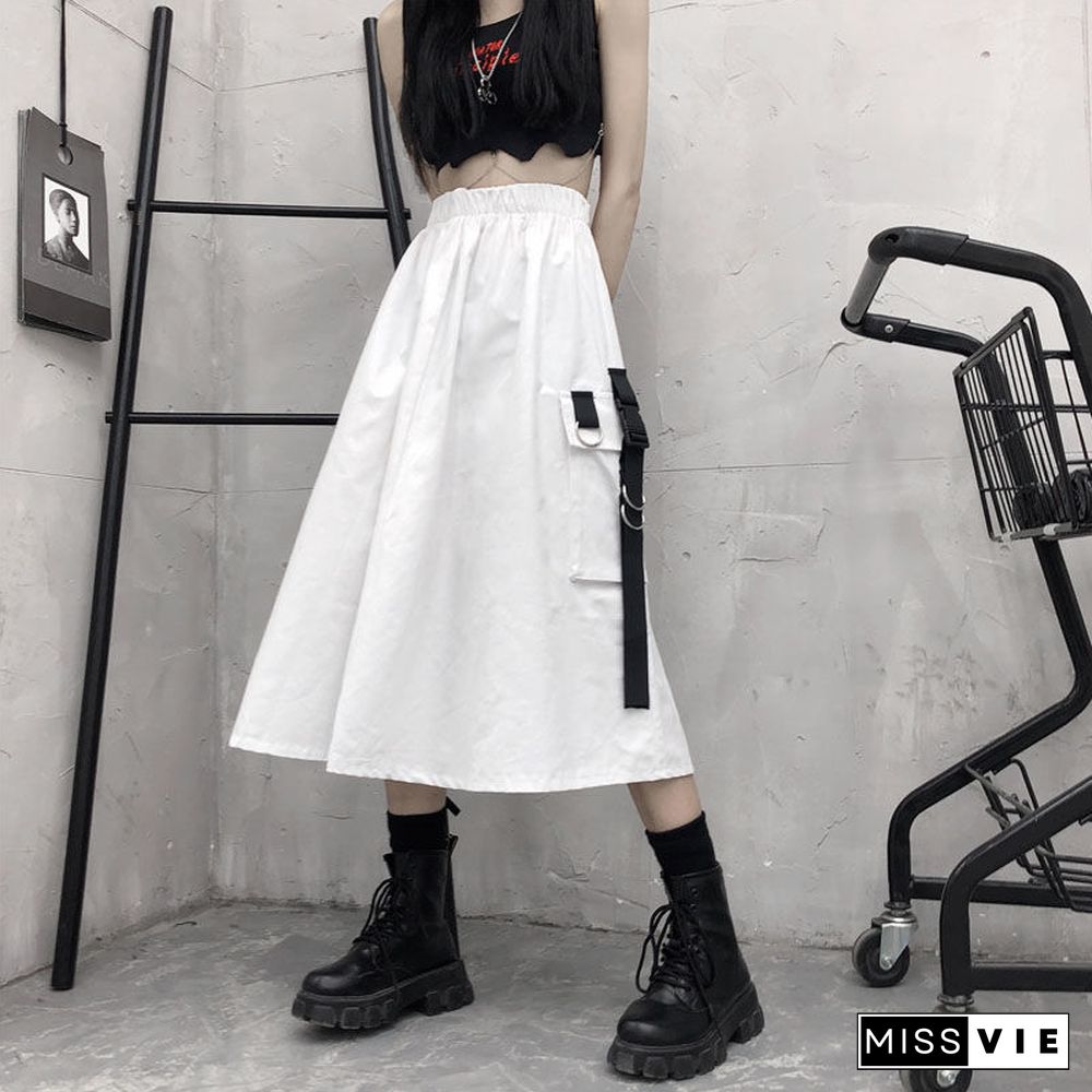 Gothic High Waist Cargo Skirts Woman Harajuku Loose A-line Pocket Midi Skirt Summer Hip Hop Fashion Korean Streetwear Y2k Skirt