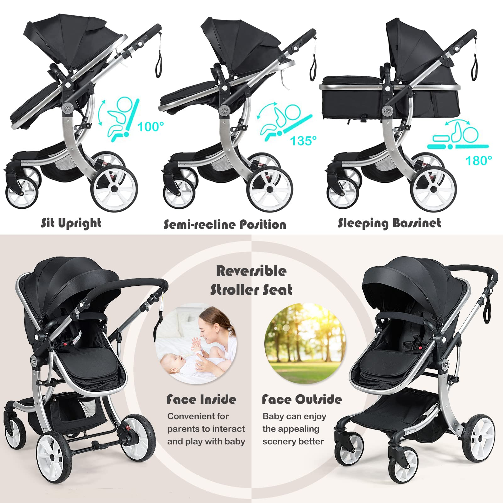 BABY JOY 2-in-1 High Landscape Baby Stroller, Reversible Bassinet Reclining Stroller