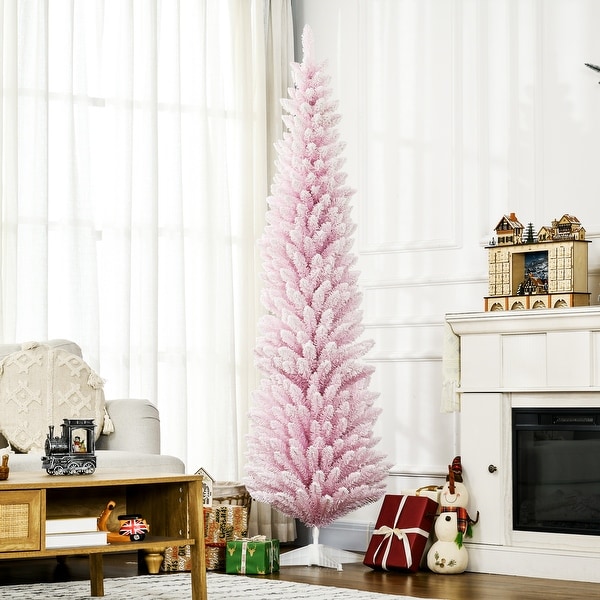 HOMCOM 7' Snow Flocked Artificial Pencil Christmas Tree，Slim Xmas Tree Pink