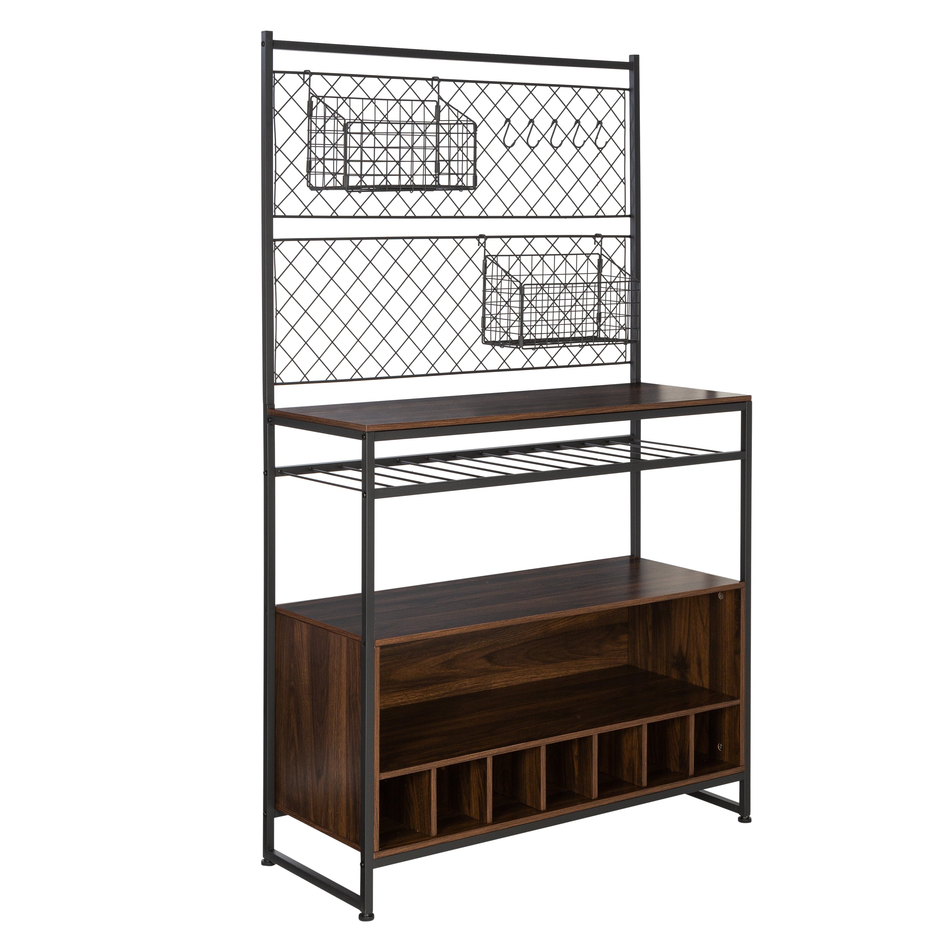 Honey Can Do Multi-Purpose Kitchen Bakers Rack With Wine Storage， Black/Walnut