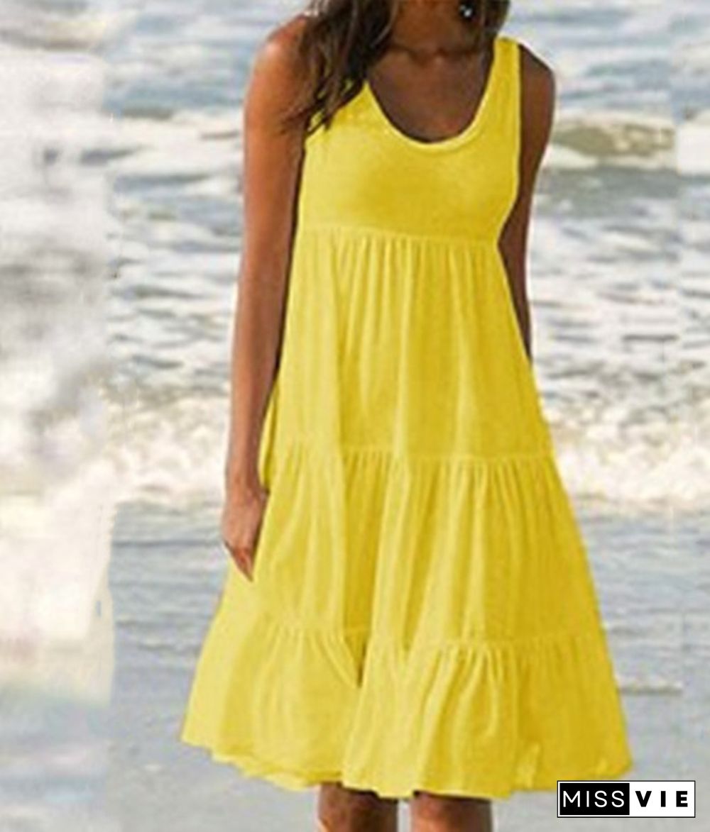 New Fashion Summer Women Casual Dress Round Neck Loose Big Swing Skirt Sleeveless Soild Color Beach Dress