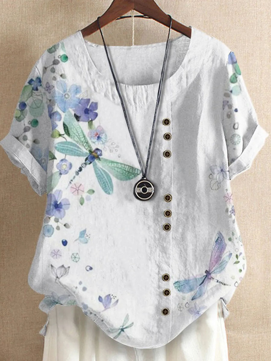 Crew Neck Floral Dragonfly Print Short Sleeve Blouse