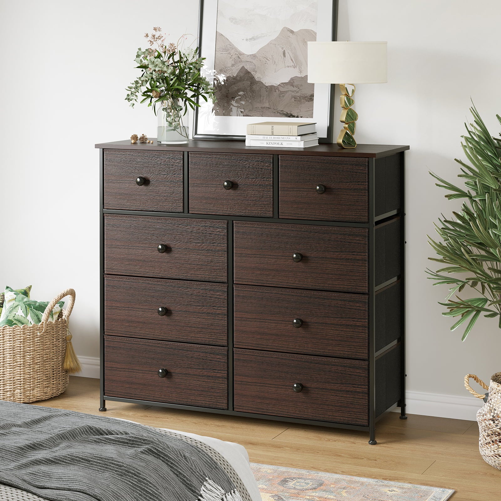 REAHOME Dresser with 9 Drawers Leather Finish Chest of Drawers Dressers for Bedroom Rustic Brown RZP9B1