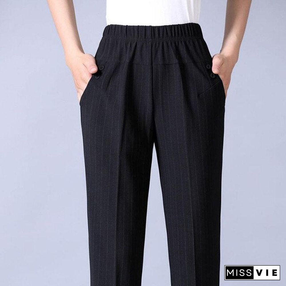 Plus Size Mother'S Straight Trousers Casual Elastic High Waist Harem Pants Women Classical Pants With Stripes Loose Breathable