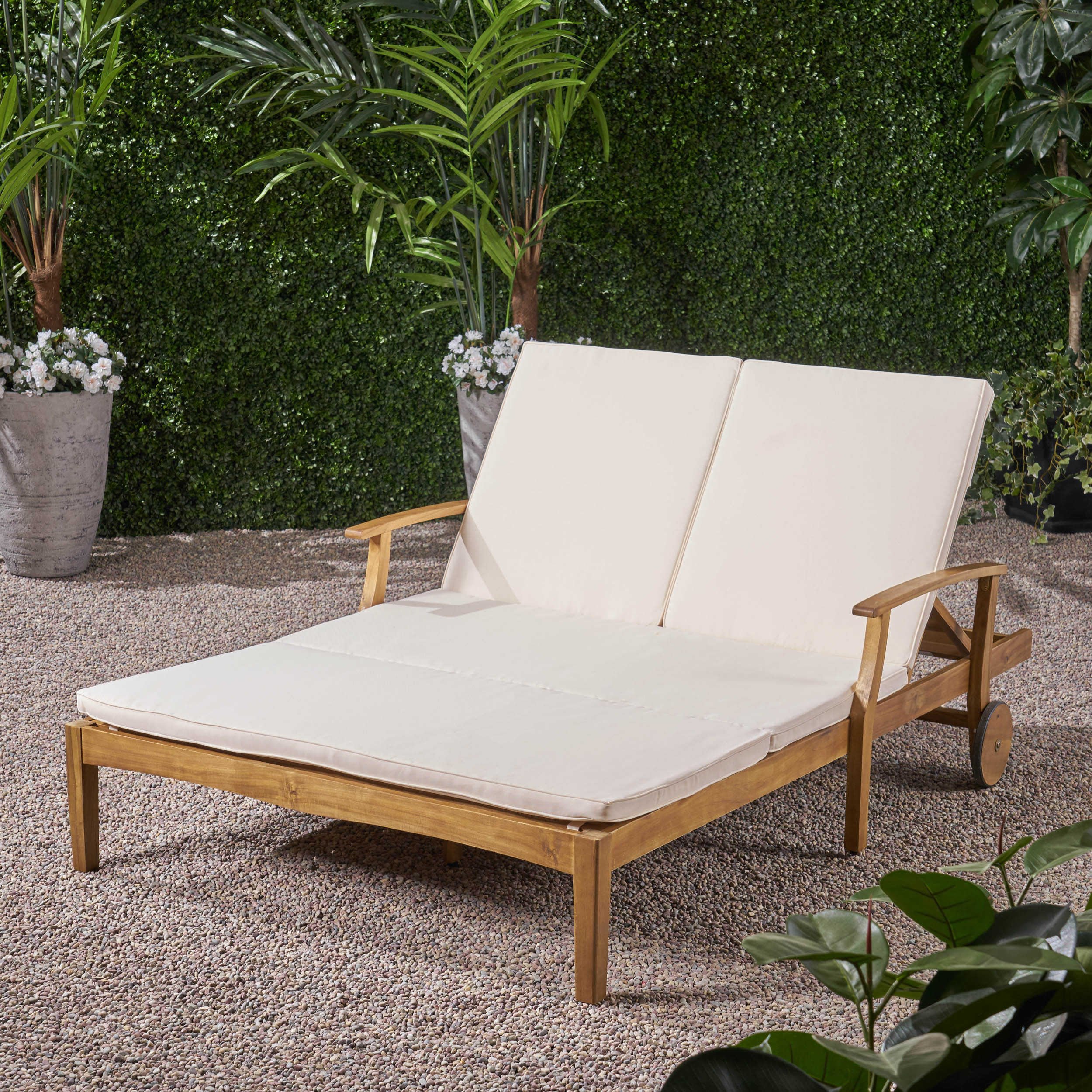 Samantha Double Chaise Lounge for Yard and Patio, Acacia Wood Frame