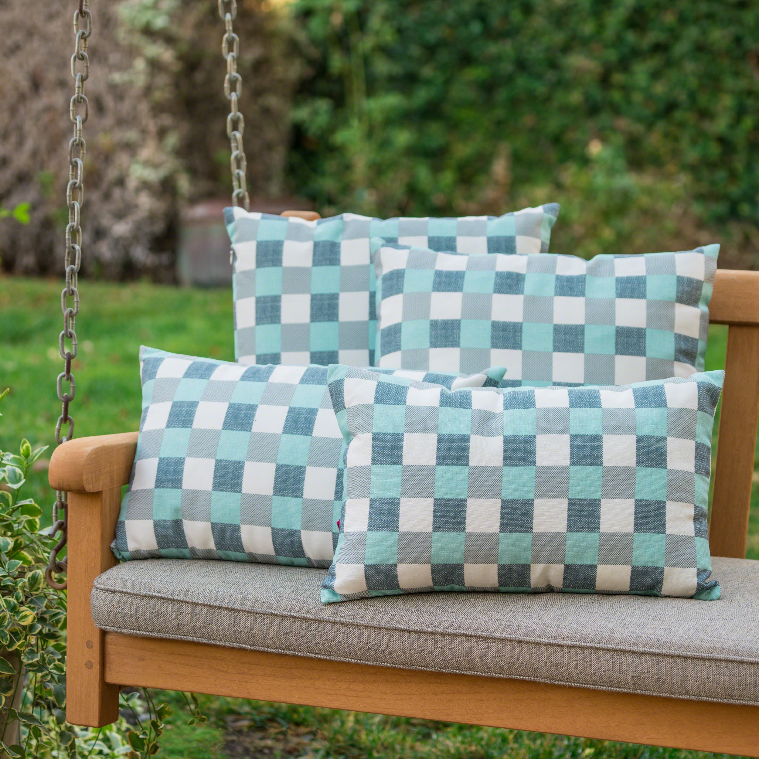 Pendry Outdoor Blue and White Plaid Water Resistant Tasseled Square and Rectangular Throw Pillows (Set of 4)