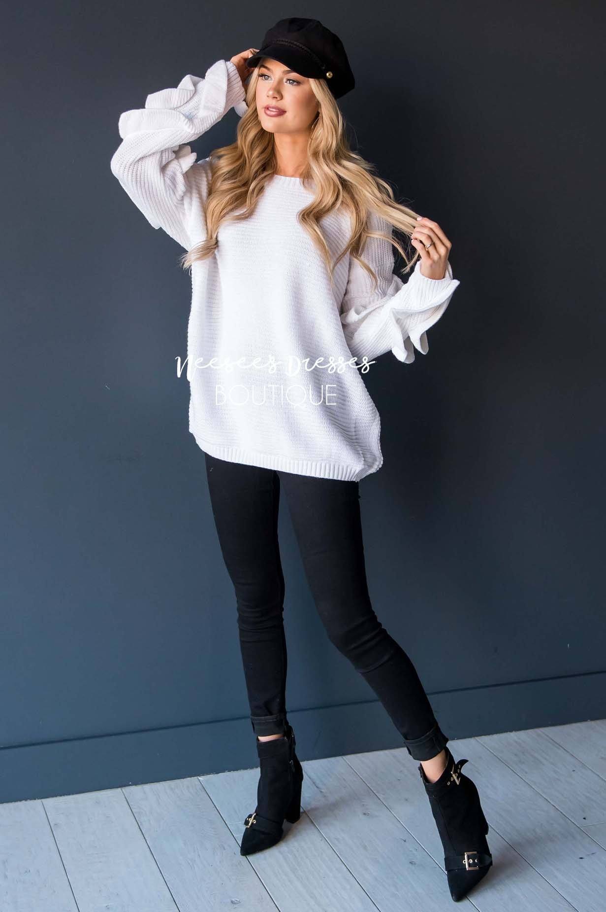 White Ruffle Sleeve Sweater