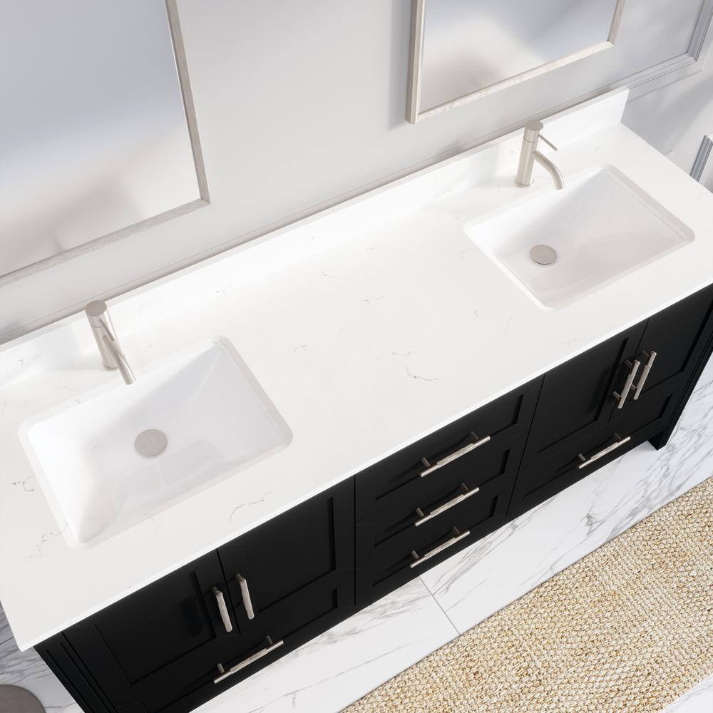 ART BATHE Houston 72 in. W x 22 in. D Bath Vanity in Espresso Diamond Quartz Top with White Sink Power Bar and Drawer Organizer HU72ES