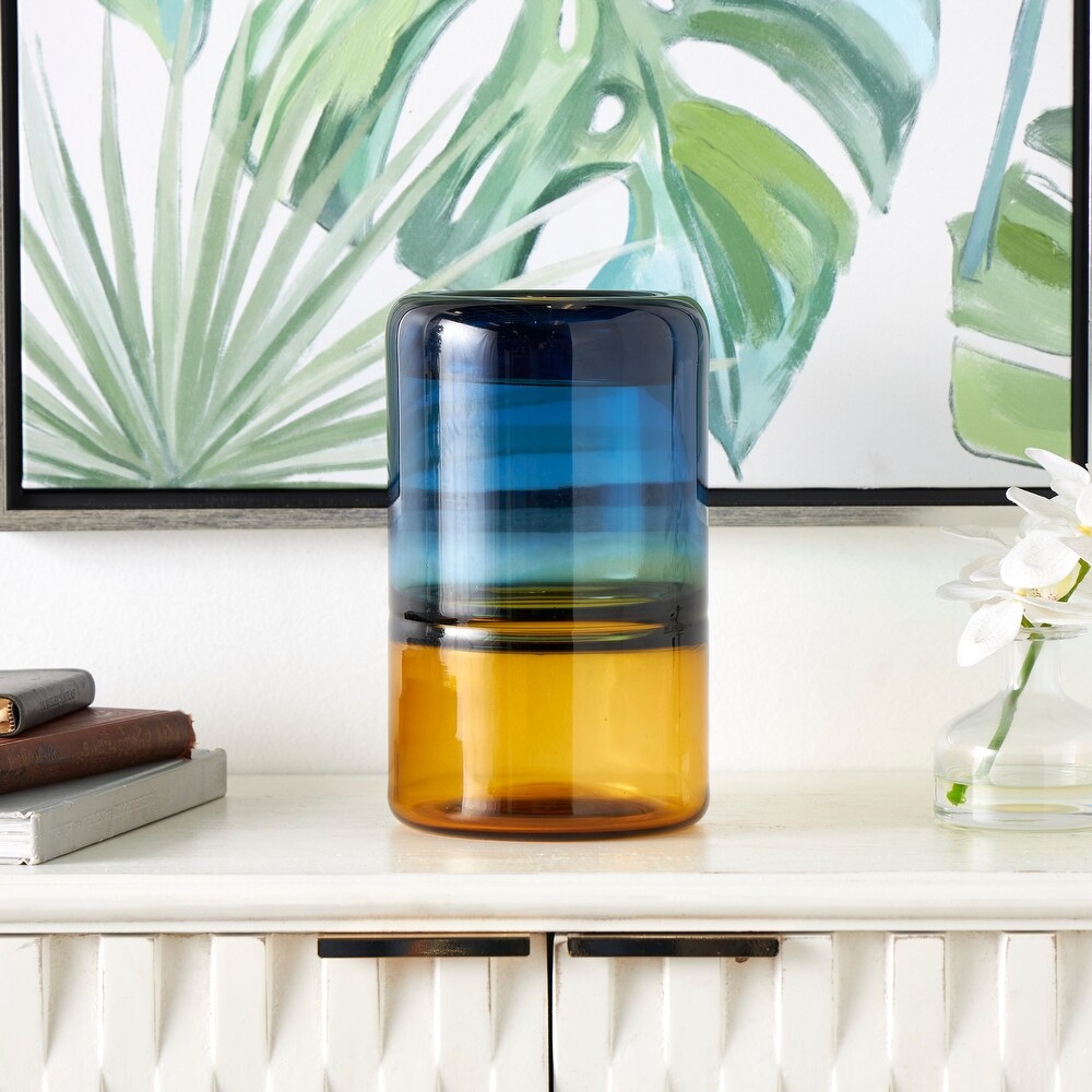 Blue Glass Handmade Ombre Vase with Yellow Base