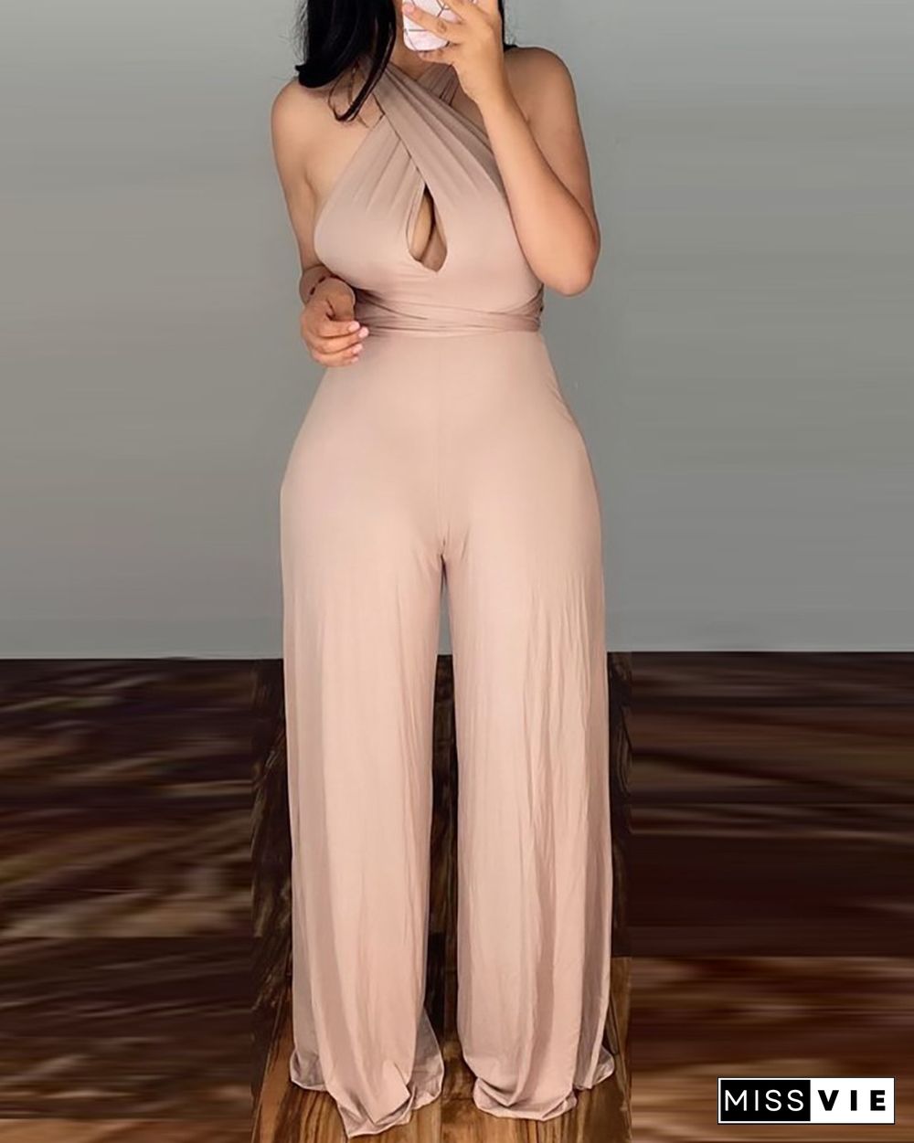 Halter Crisscross Backless Cutout Wide Leg Jumpsuit