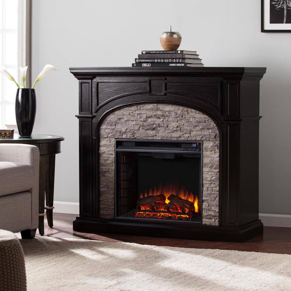 Granby 45.75 in. W Electric Fireplace in Ebony with Gray Stacked Stone HD90664