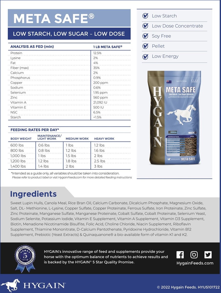 Hygain Meta Safe Pellets Horse Feed， 44-lb bag