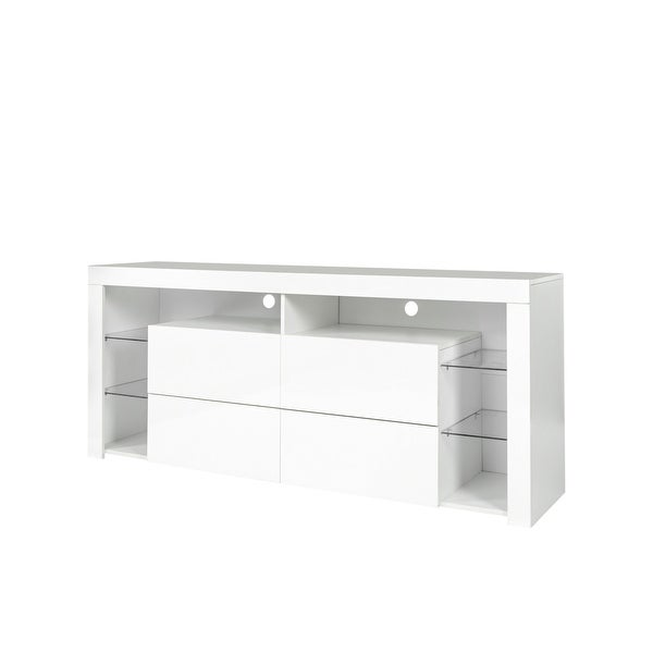 White Modern LED TV Cabinet with 4 Storage Drawers and Open Shelves - 67Wx16Dx28H