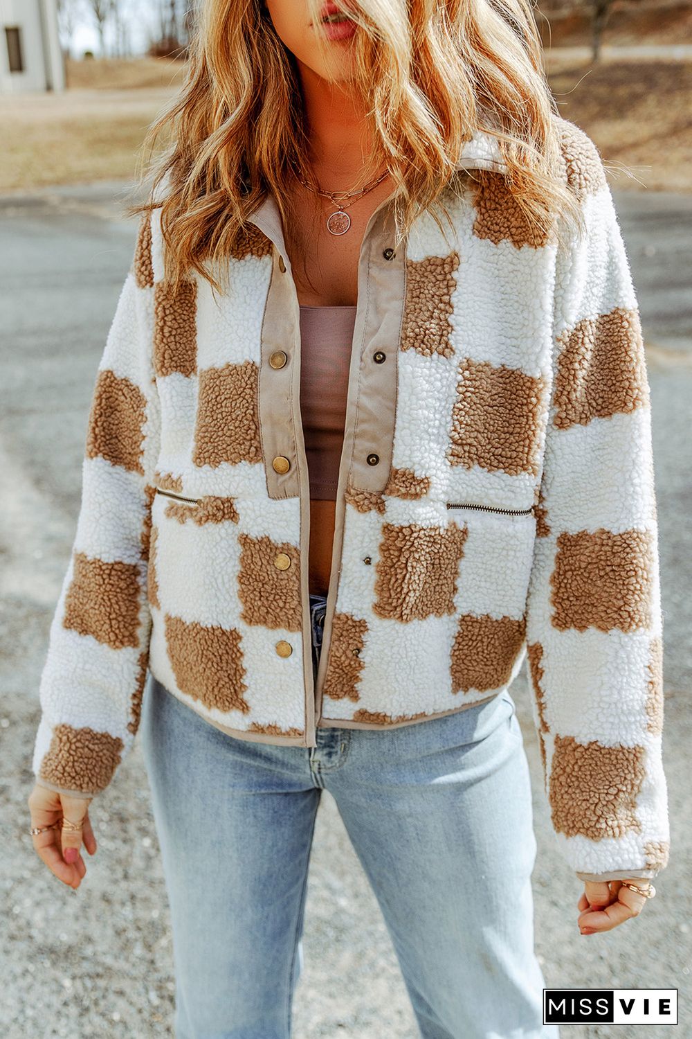 Brown Checked Snap Button Sherpa Jacket