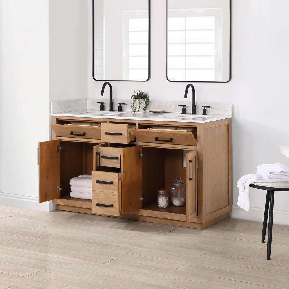 Altair Gavino 60 in. W x 22 in. D x 34 in. H Bath Vanity in Light Brown with Grain White Composite Stone Top 557060-LB-GW-NM