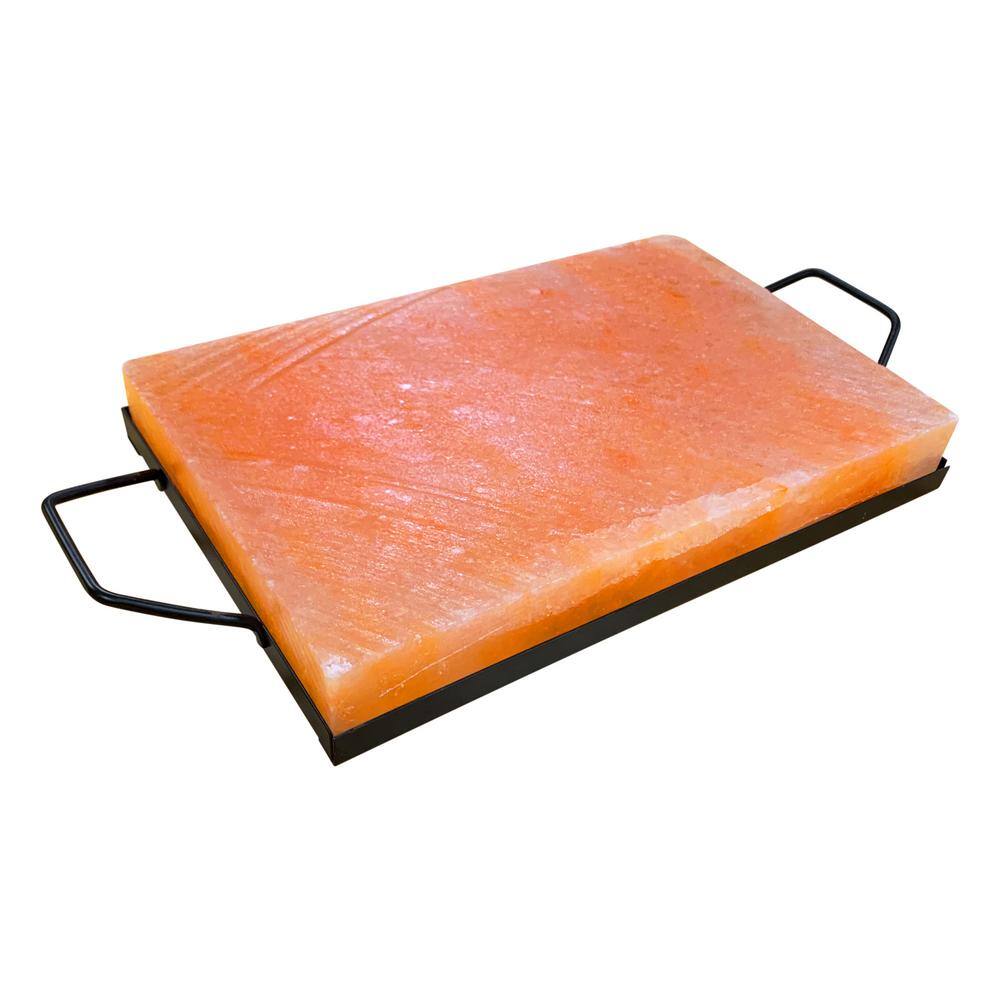 Outset Pink Himalayan Salt Plank with Holder Tray for Cooking Serving and Cutting Block 76513