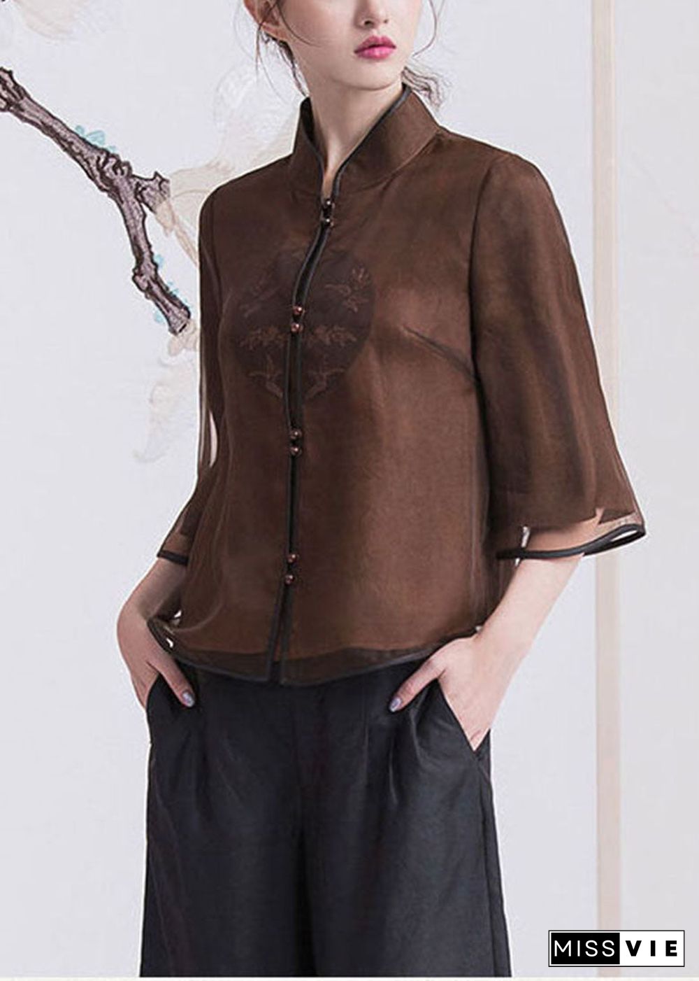 Chinese Style Brown button Stand Collar Silk coats Half Sleeve