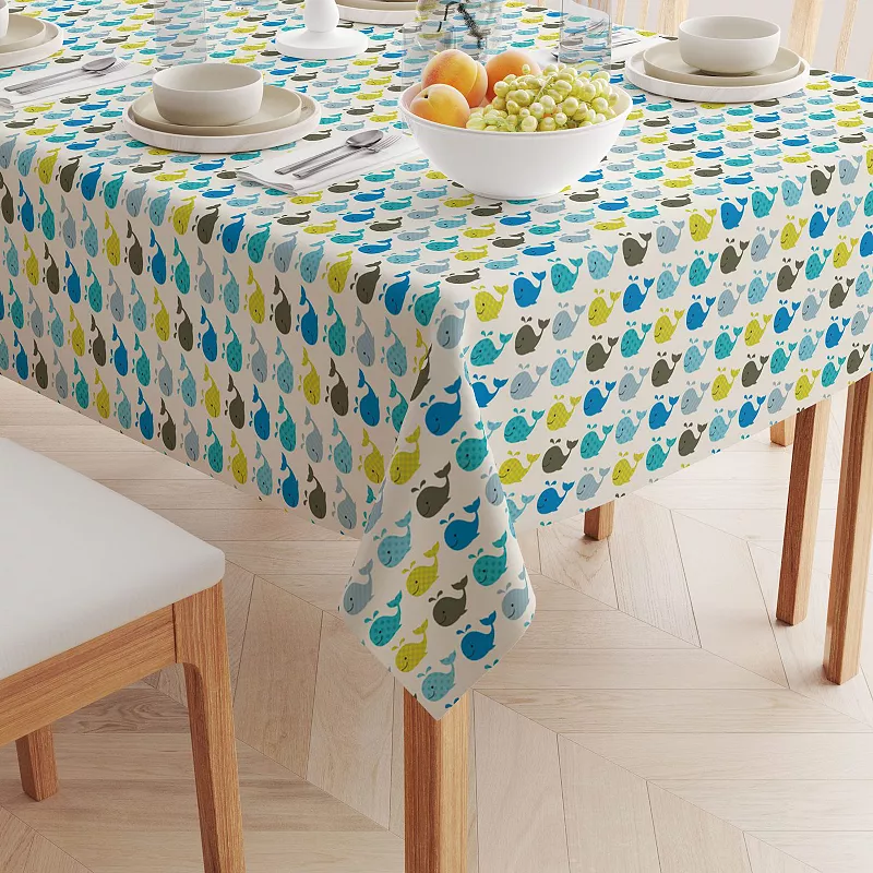 Square Tablecloth， 100% Cotton， 52x52， Happy Whales