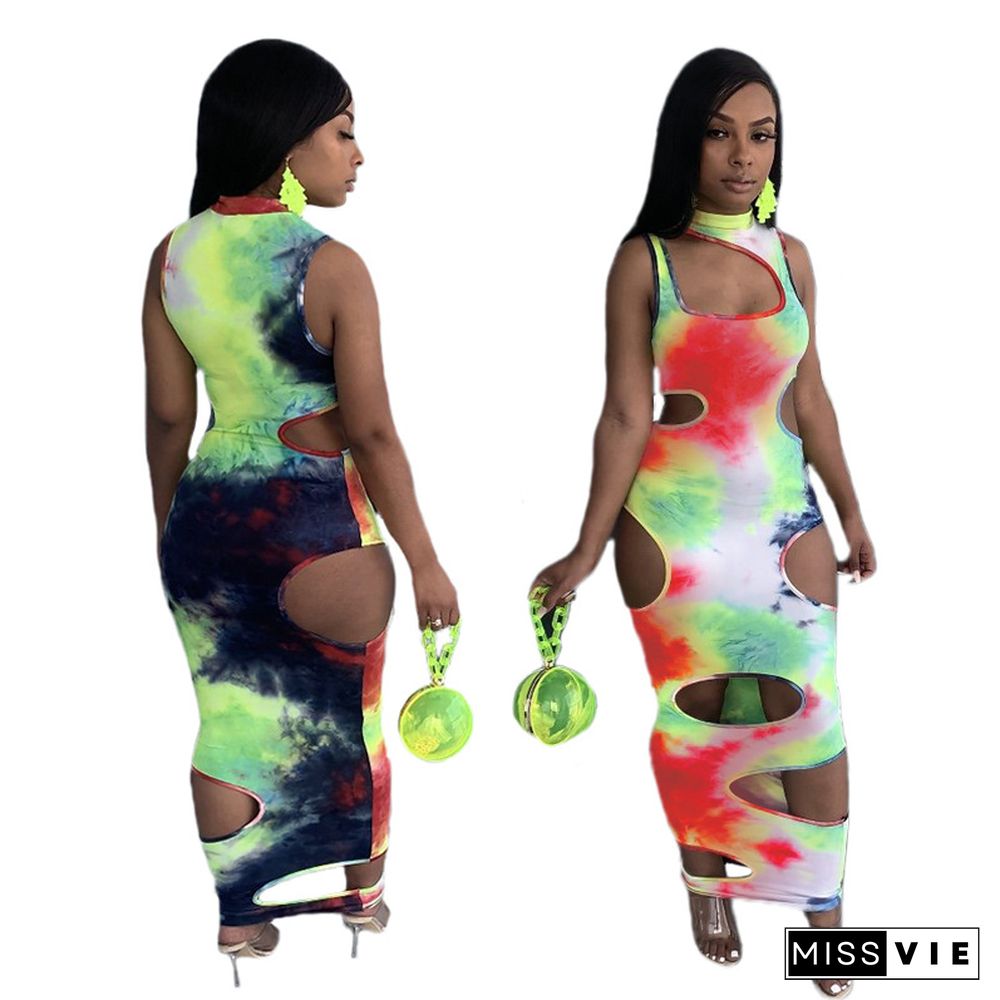 Summer Sexy Women Tie Dye Print Sleeveless Hollow Out Bodycon Club Party Maxi Dress