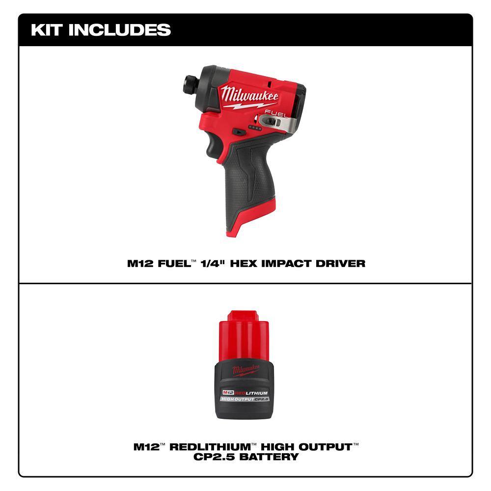 MW M12 FUEL 12V Lithium-Ion Brushless Cordless 14 in. Hex Impact Driver wCP High Output 2.5 Ah Battery Pack 3453-20-48-11-2425